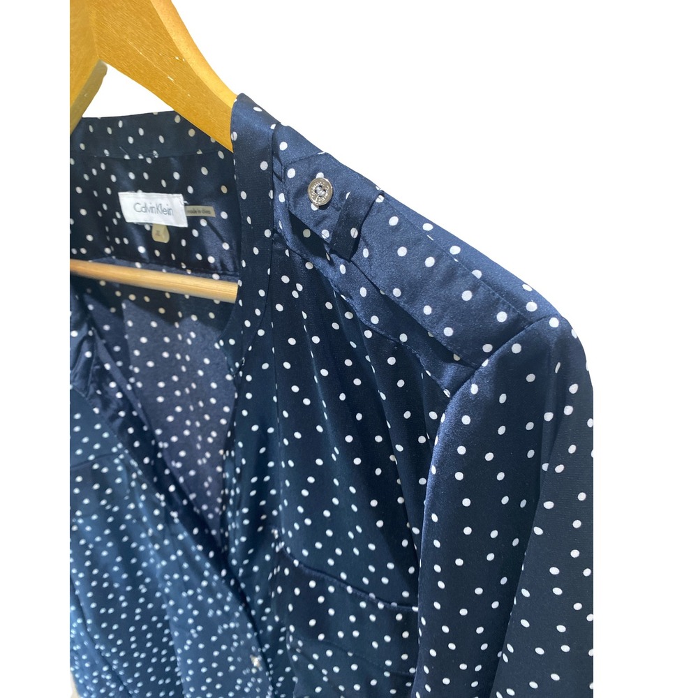 Calvin Klein Blouse XL Navy Polka Dot  Women's Classic Silky Stretch Top Office‎ - Picture 4 of 13